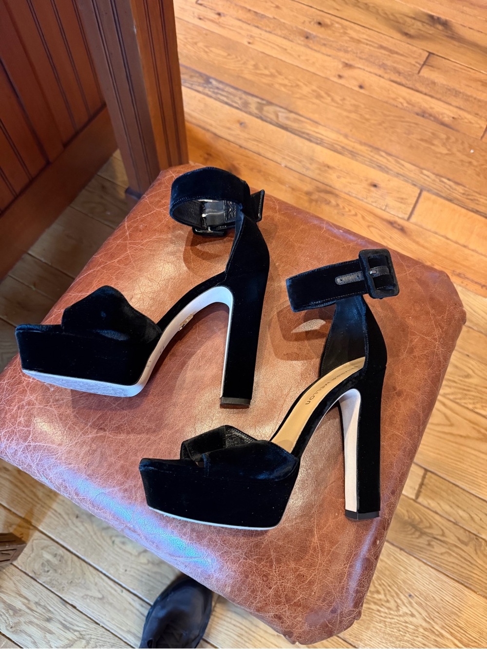 Tamara Mellon Black Velvet Platform Ankle-Strap Sandals